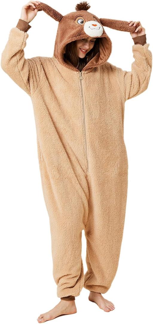 Unisex Adult Onesie Cartoon Goat Pajamas Animal Cosplay One Piece Comfy Sleepwear Homewear Halloween Costume (Brown, S)