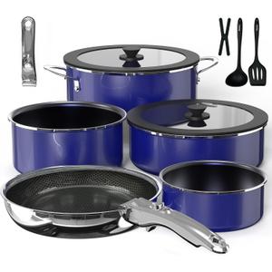Pro DUXANO 12PC Pots and Pans Set&Hybrid 3-Ply Stainless Steel Skillet, High Heat Sear&Fry, 2-Layer Ceramic Nonstick Induction Cookware, 9H Scratch-Resistant&Anti-Warp,PFAS Free,All Cooktop/Dishwasher (Royal Blue)
