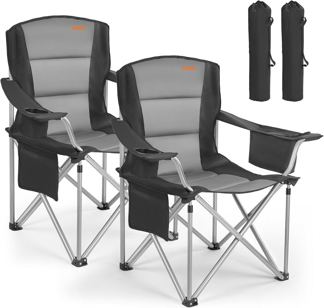 VEVOR Oversized Camping Folding Chair, Portable Heavy Duty Outdoor Quad Lumbar Back Padded with Side Pockets, Cup Holder and Cooler Bag for Beach, Lawn, Picnic, Fishing, Backpacking, 2 Pack, 24.8"D x 38.6"W x 39"H