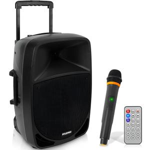 Pyle 1200W Portable Bluetooth PA Speaker - 12 Subwoofer, LED Battery Indicator Lights W/Built-In Rechargeable Battery, MP3/USB/SD Card Reader, and UHF Wireless Microphone - Pyle PSBT125A,Black