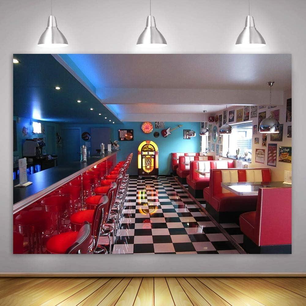 7x5ft 50s Retro Classic Restaurant Background Soda Shop Meal Time Music Stage Carnival Prom Party Background Banner Picture Child Birthday Shower Backdrop Decor BJHXME286