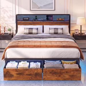 Queen Bed Frame with 2 Drawers, Platform Bed with LED Lights & Charging Station, Wood Headboard with Storage Shelve, Noise Free, Heavy Duty Metal Slats Support, No Box Spring Needed