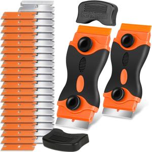 Razor Blade Scraper Tool - Razor Scraper with 40 Metal & Plastic Blades, Sticker Cleaning Remover for Paint, Decal, Adhesive, Label & Caulk, Glass Scraper for Window, Cooktop, Oven & Stove Top (Orange)