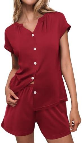 Ekouaer Pajamas for Women Set Button Up Pj Sets Soft V Neck Short Sleeve Sleepwear 2 Piece Loungewear M