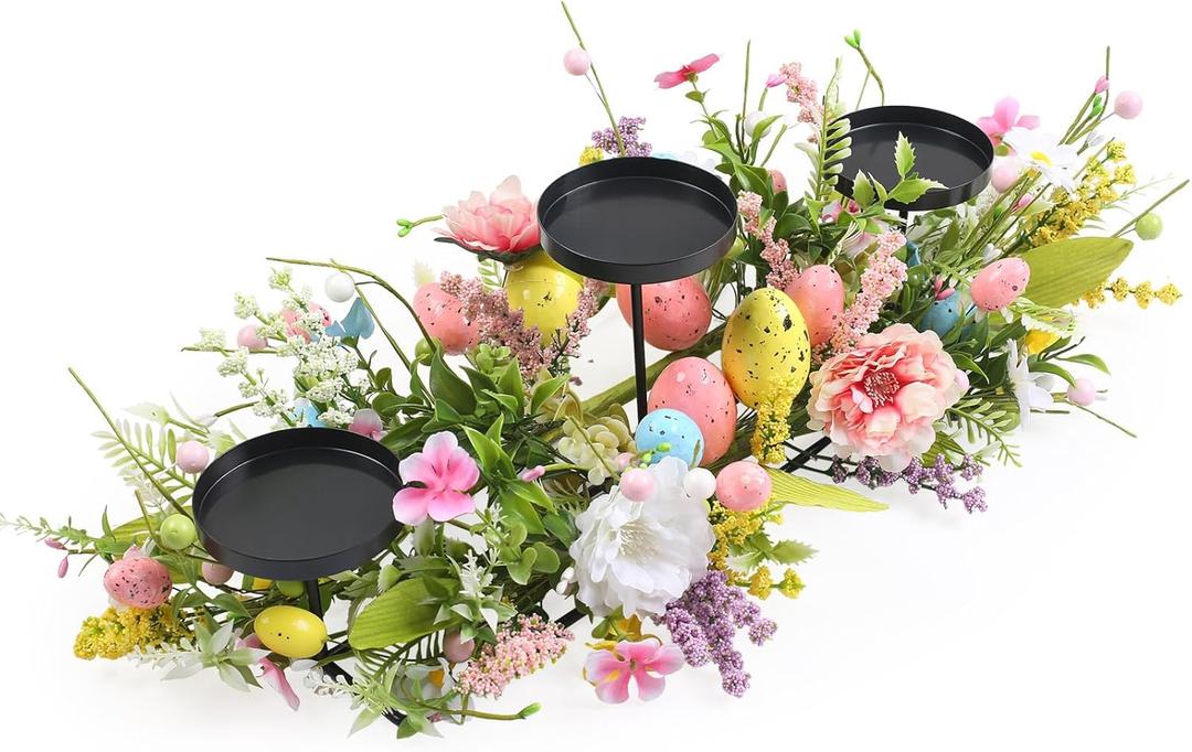 22" Easter Centerpieces for Tables and Fireplaces with 3 Candle Trays, Artificial Easter Egg Candle Holder Decorations with Colorful Spring Flowers & Branches & Green Leaves