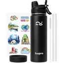 Swigina [2-IN-1 LID] Insulated Water Bottle with Silicone Boot (36hrs Cold/ 18hrs Hot) - DIY Stickers, Leakproof, BPA Free, Black, 24 oz