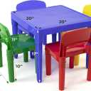 Humble Crew Kids Plastic Table and Chair Set, Toddler Activity Table with 4 Chairs, Lightweight Easy-Clean Kids Desk for Play, Snacks-Crafts, Indoor Outdoor Playroom Furniture, Blue/Primary