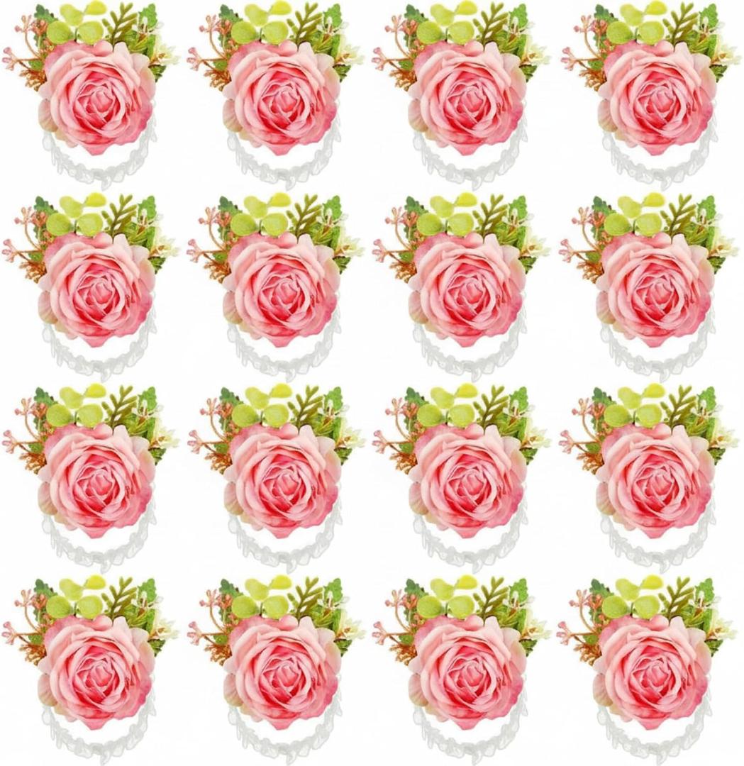 Sherr 24 Pcs Wedding Rose Wrist Corsage Wristlet Band for Bridal Bridesmaid Women Flowers Bracelets Decor Wedding Artificial Flowers for Party Prom Homecoming (Peach Pink)