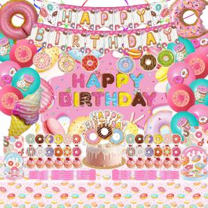 Donut Sweets Birthday Party Supplies, Donut Style Party Decorations Include Happy Birthday Banner, Backdrop, Tableware Set, Tablecloth, Cake Toppers, Cupcake Toppers, Latex Balloons, Hanging Swirls