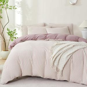 Purple Comforter Queen Set Striped 100% Soft Washed Microfiber Jacquard 3 Pieces Striped Bedding Sets Purple White Comforter Queen for All Seasons and 2 Pillowcases Comfort Breathable
