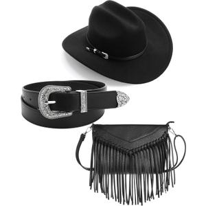 Cutecrop 3 Pcs Western Cowgirl Outfit for Women Cowboy Hat PU Leather Crossbody Tassel Purse Belt Cowgirl Costume Accessories
