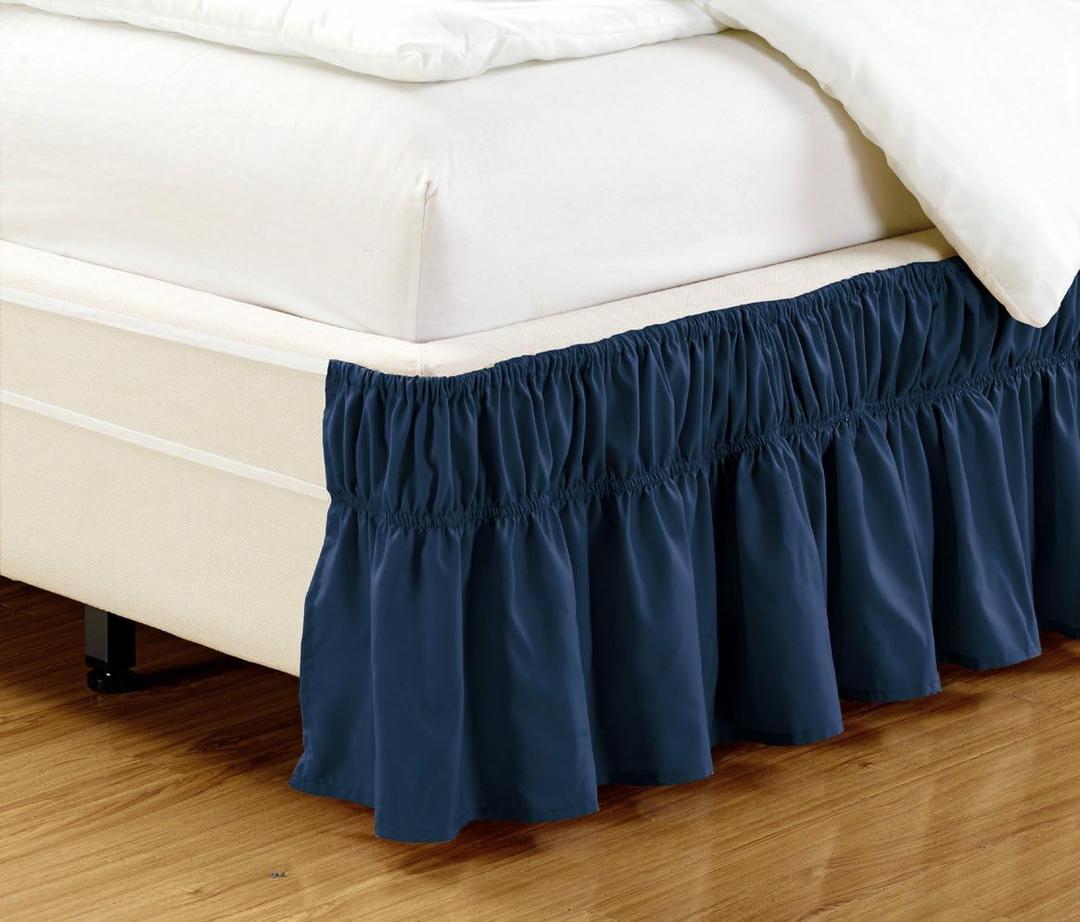 Grand Linen - Wrap Around 16 inch Fall Navy Blue Ruffled Elastic Solid Bed Skirt Fits All Queen, King and Cal King Size Bedding High Thread Count Microfiber Dust Ruffle, Silky Soft & Wrinkle Free.
