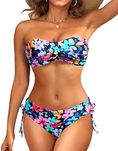 Women's Strapless Bandeau Bikini Set - Twist Front Two Piece Swimsuit Top with Side Tie Bathing Suit Bottom,L