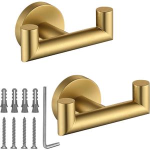 Towel Hooks for Bathrooms, Gold Towel Hook for Kitchen Bathroom, SUS304 Stainless Steel Coat Hook, Heavy Duty Double Towels Holder Hooks for Hanging Towels, Coats,sponges, Clothes, Wall Mount, 2 Pack