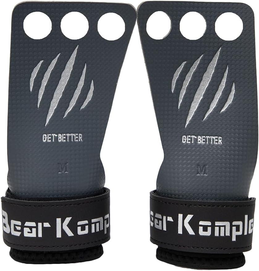 Bear KompleX 2-3 Hole Carbon Hand Grips for Weight Lifting, Cross Training and Gymnastics, Durable Workout Grips with Wrist Wraps, Comfortable Lifting Straps & Workout for Gymnastic Bars (Large)