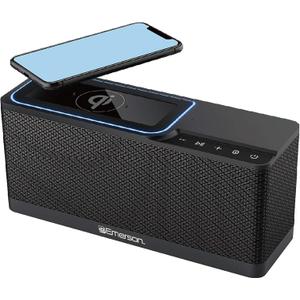 Emerson ER-BTW100 Portable Bluetooth Speaker with 20 Watt Stereo, QI Wireless Charging, Hands Free Calling and Additional USB Charging, Black