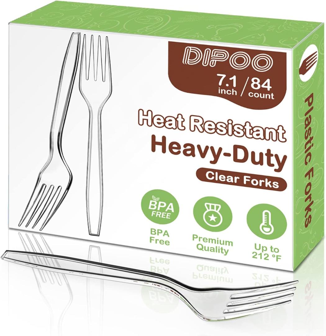 7.1" Clear Plastic Forks Heavy Duty with Heat Resistant & BPA Free, Solid and Durable Plastic Cutlery, Premium Disposable Forks for Party Supply(84 Count) (84 Count)