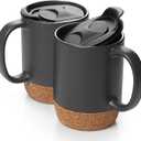 DOWAN Coffee Mugs, 15 oz Mug Set of 2, Large Ceramic Coffee Mug with Cork Bottom and Spill Proof Lid for Mom Dad, Big Mug for Latte Tea, Matte Grey