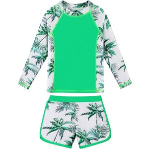 BAOHULU Girls Rash Guard Swimsuit 2 Pieces Long Sleeve Bathing Suit UPF 50+ Quick Dry Beach Swimwear Size 3-14 Years (Green)