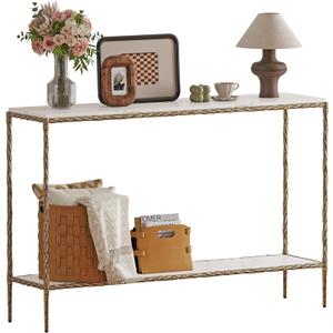 Antique Console Table with Faux Marble Wood Top, 47" Narrow Entryway Table with 2-Tier Open Storage Shelves, Modern Slim Sofa Table with Antique Brass Finish for Hallway, Living Room