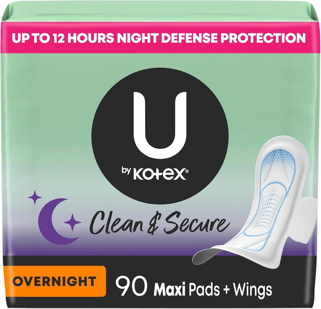 U by Kotex Clean & Secure Overnight Maxi Pads with Wings, 90 Count (3 Packs of 30) 