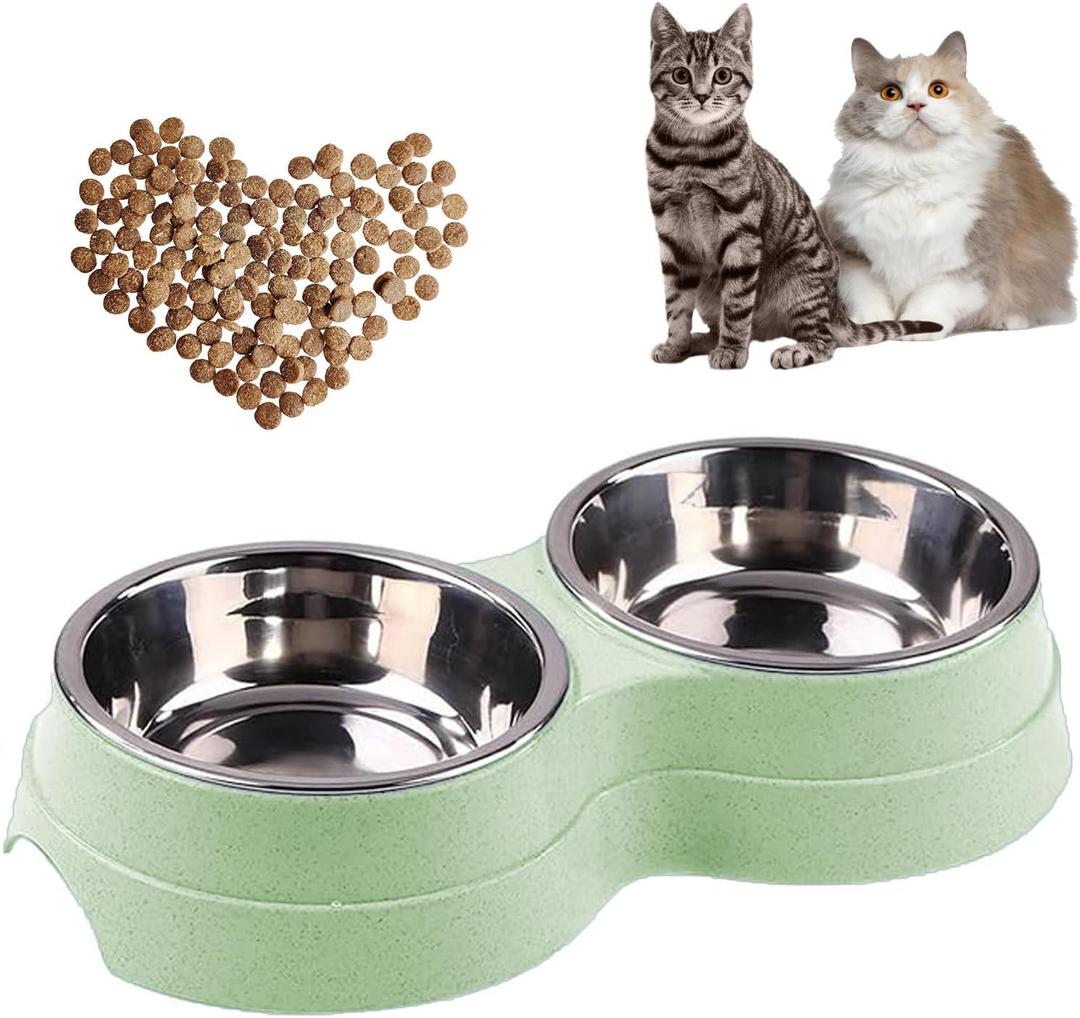 Double Cat Food Bowl -Stainless Steel Bowls with Easy-to-Clean Detachable Design, Non-Slip Base, Pet Feeder for Kittens and Medium Cats (Green)