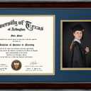 GraduationMall 11x22 Mahogany Diploma Frame with Tassel Holder and Picture for 8.5x11 Certificate 5x7 Photo,Real Glass,Navy over Gold Mat