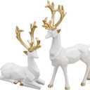 Christmas Decoration 2PCS Reindeer Resin Ornaments Mother Child Deer Couple Deer Sculpture used for Living Room Bookshelf Bedroom Wine Cabinet Decoration to Enhance Atmosphere (3D Geometric White)