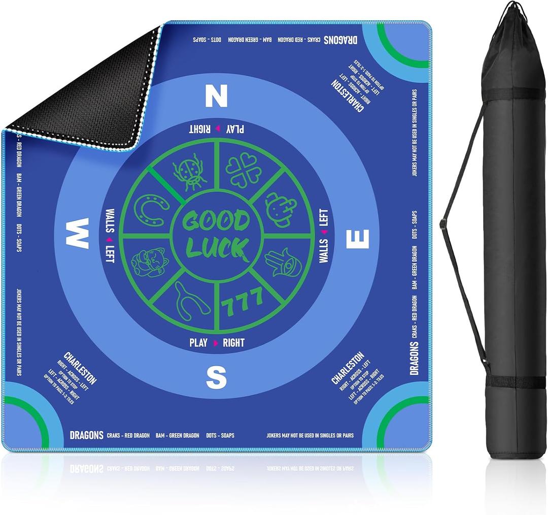 QUEENLINK Mahjong Mat for Table with Carrying Bag, 32.4" x 32.4" Non-Slip Neoprene Mahjong Mat with Rules, Noise-Reducing Gaming Mat for Mahjong, Poker, Cards, Board and Tile Games - Blue