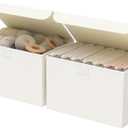 GUOHNHE Fabric Storage Bin with Lid, Closet Boxes with Cover, Collapsible Stackable Organizer Basket with 2 Handles, for Home and Bedroom, 2 Pack, Beige, 10.2 x 7.9 x 6.7 In, XSNY12BES-2
