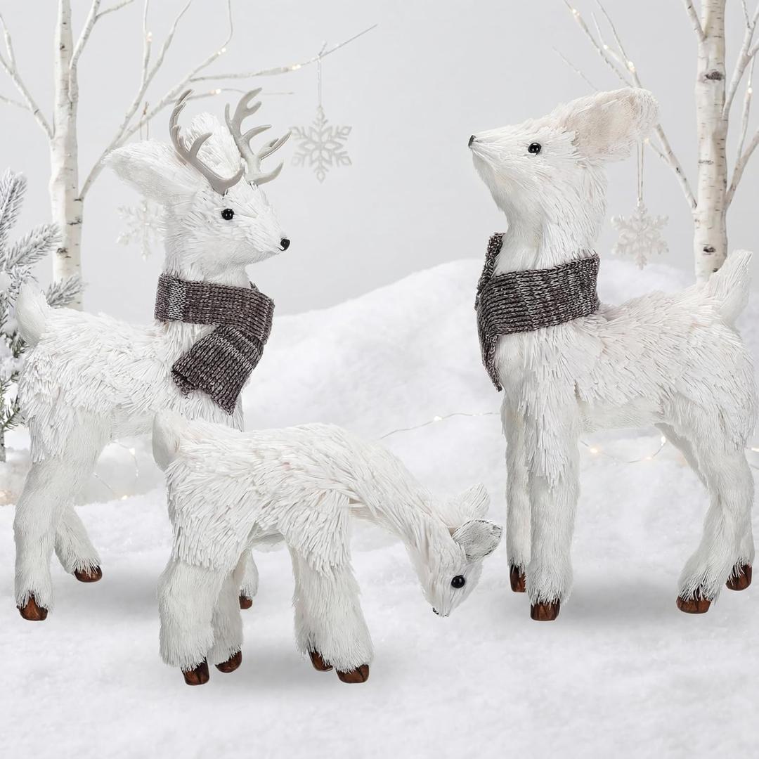 Civaner 3 Pcs Reindeer Christmas Decor 12 Inch Realistic Woodland Animals White Reindeer Figurine Christmas Deer Decorations with Scarf Centerpiece Table Decor for Indoor Fireplace Home Mantel Shelf