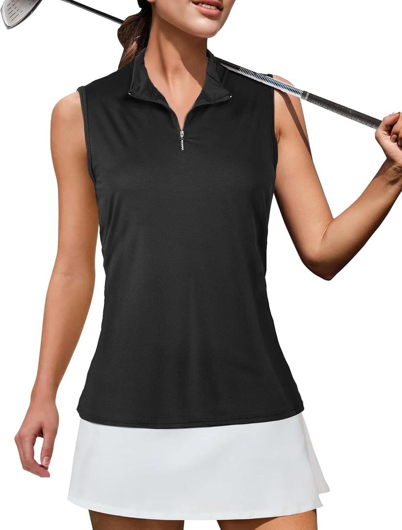 AURUZA Women's Golf Shirt, Sleeveless Polo Shirts for Women V Neck Zip Collar Athletic Workout Tennis Tank Top Summer Outfit (Small, #2 Black)