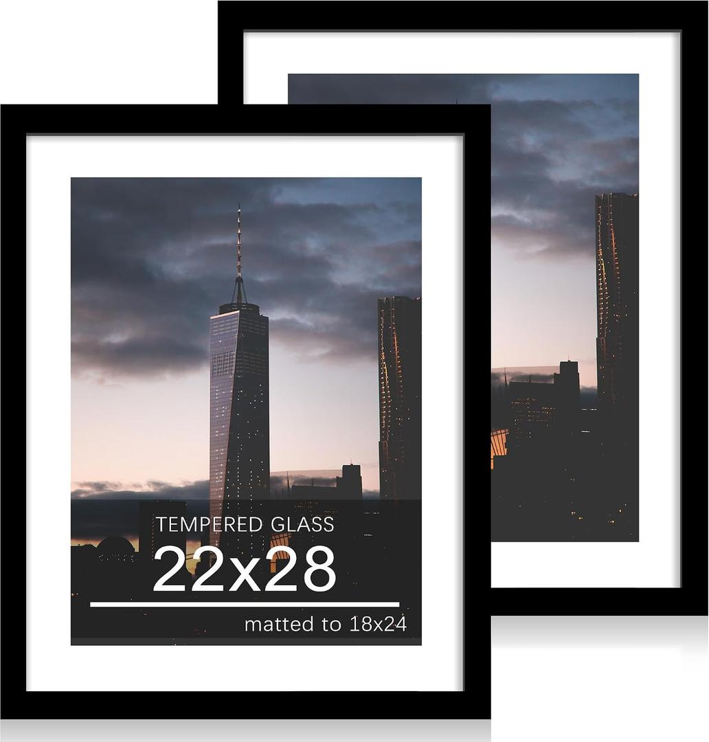 22x28 Picture Frame Set of 2, 22 x 28 Wood Poster Frames with Mat for 18x24, Wooden Photo Frames with Tempered Glass Cover for Wall Display,Black, 22x28-2Pack