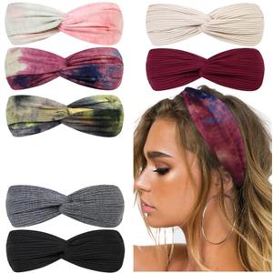 Huachi Boho Headbands for Women - Tie Dye Soft Elastic Turban Hair Wraps, Summer Hair Accessories for Girls (Tie Dye Plus Solid Colors) 7 Pack