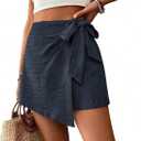 WDIRARA Women's Summer Mini Wrap Shorts Knot High Waist Belted Skorts Zipper Casual Loose Skirt (Blue, XL)