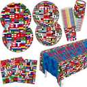141Pcs World Cup Party Decorations 2026 Soccer Party Supplies Collect International Flags Decorations for Around the World party decorations Cutlery Paper Plates, Napkins, Cups, Tablecloth