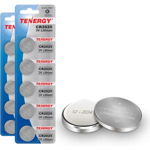 Tenergy 3V CR2025 Batteries, Lithium Button Coin Cell 2025 Battery, for Key FOBs & Other Devices, 10 Count