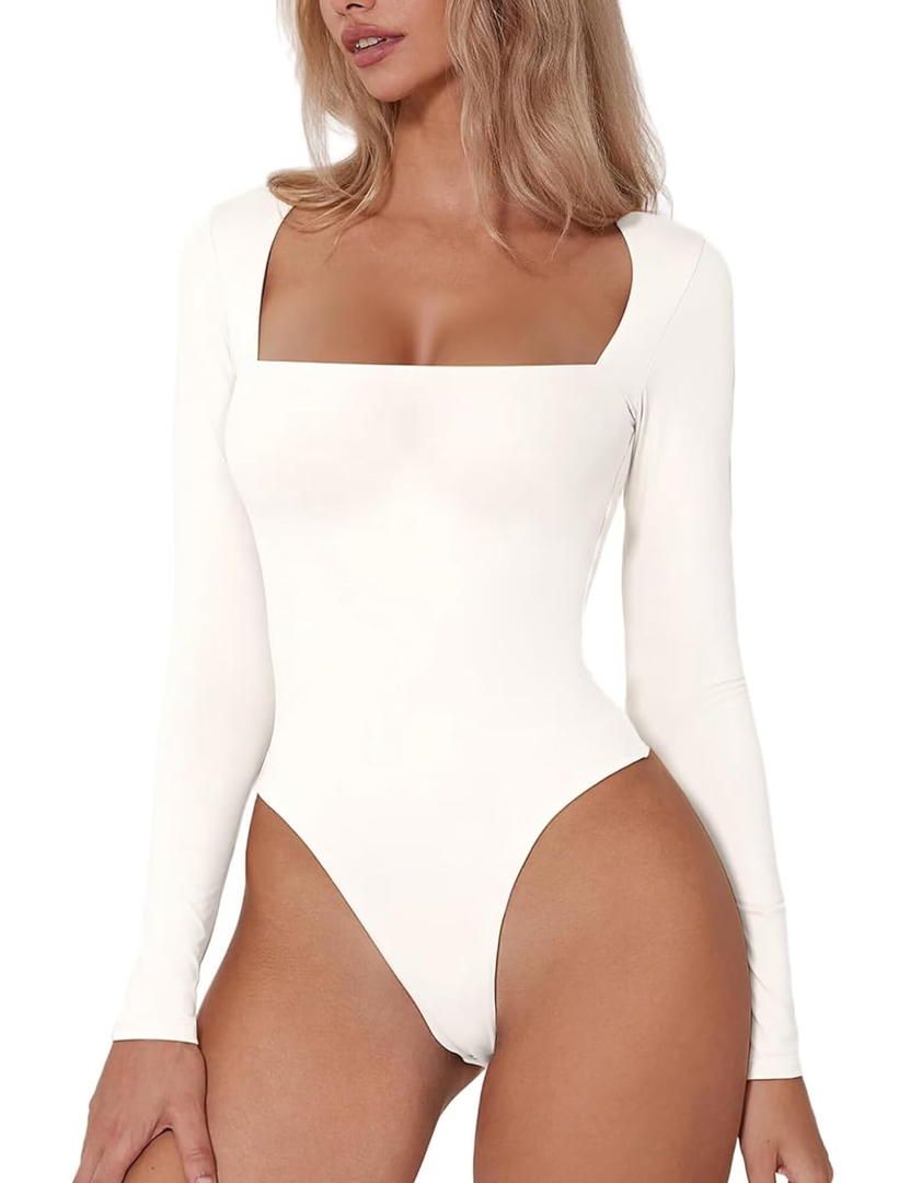 Women Sexy Square Neck Bodysuit Long Sleeve Triangle Hip Lifting Jumpsuit Abdominal Tightening Shaping Outfit t-Shirt M