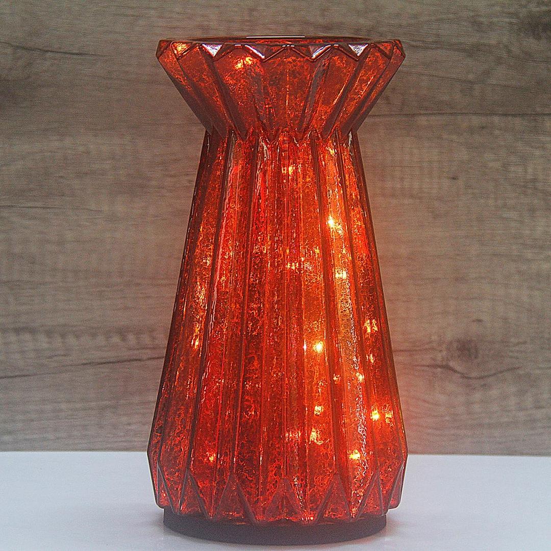 Mercury Glass Pillar Candle Pedestal Holders with Fairy Lights, Lighted up Candle Holder for Pillar Candle, Candlestick Holders with Timer for Wedding Home Dining Table Xmas (Red)