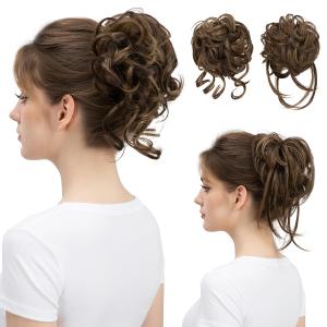 SARLA 2PCS Brown Messy Bun Hair Pieces for Women Wavy Curly Synthetic Hairpieces for Updos with Tendrils Fake Scrunchies Ponytail Extension Coffee Brown