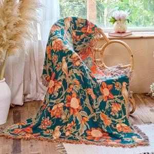 Boho Throw Blanket 50"x60" 100% Cotton Couch Blanket, Breathable Lightweight Spring Decorative Reversible Blankets with Fringe for Sofa Chair Bed Vintage Decor (Dark Teal)