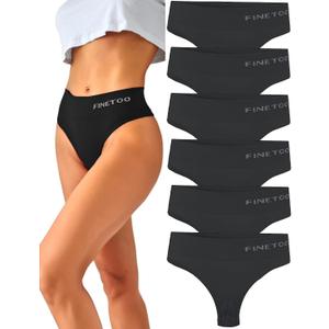 FINETOO 6 Pack High Waisted Thongs for Women, Nylon Spandex Panties Breathable Soft Stretchy Underwear High Rise L Black