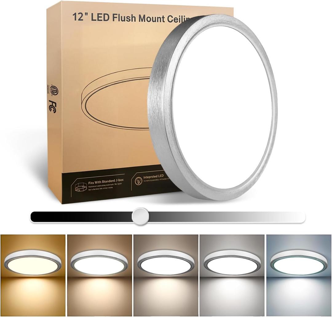 1Pack 12 Inch Brushed Silver LED Flush Mount Ceiling Light, 25W, 3000LM, CRI 95+, 2700K-5000K 5-Color Selectable & Dimmable, Thin Flat Surface-Mounted Fixture for Bedroom, Hallway, Living Room
