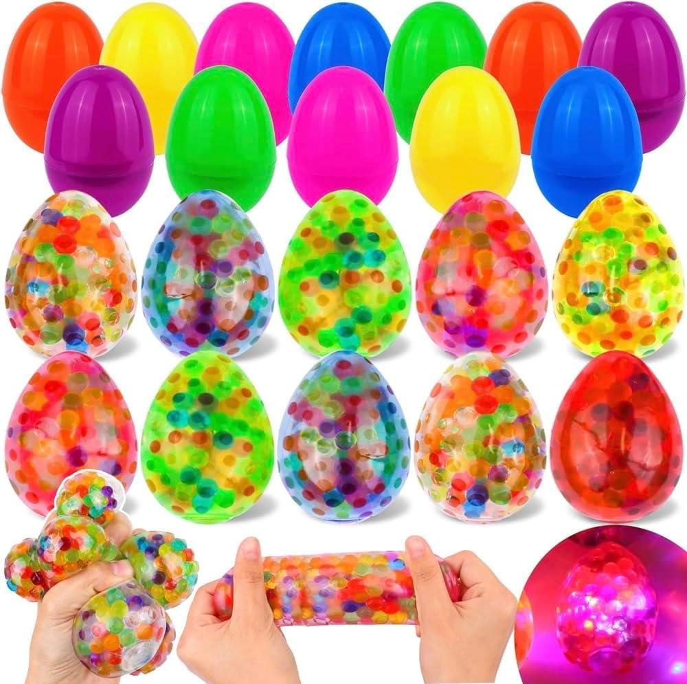 FLYSNK 12 Pack Plastic Easter Eggs Filled with Light Up Fidget Stress Balls, Glow in The Dark Egg Shape Squeeze Balls Sensory Toys Party Favors for Kids Teens Easter Egg Hunt Basket Stuffers Fillers