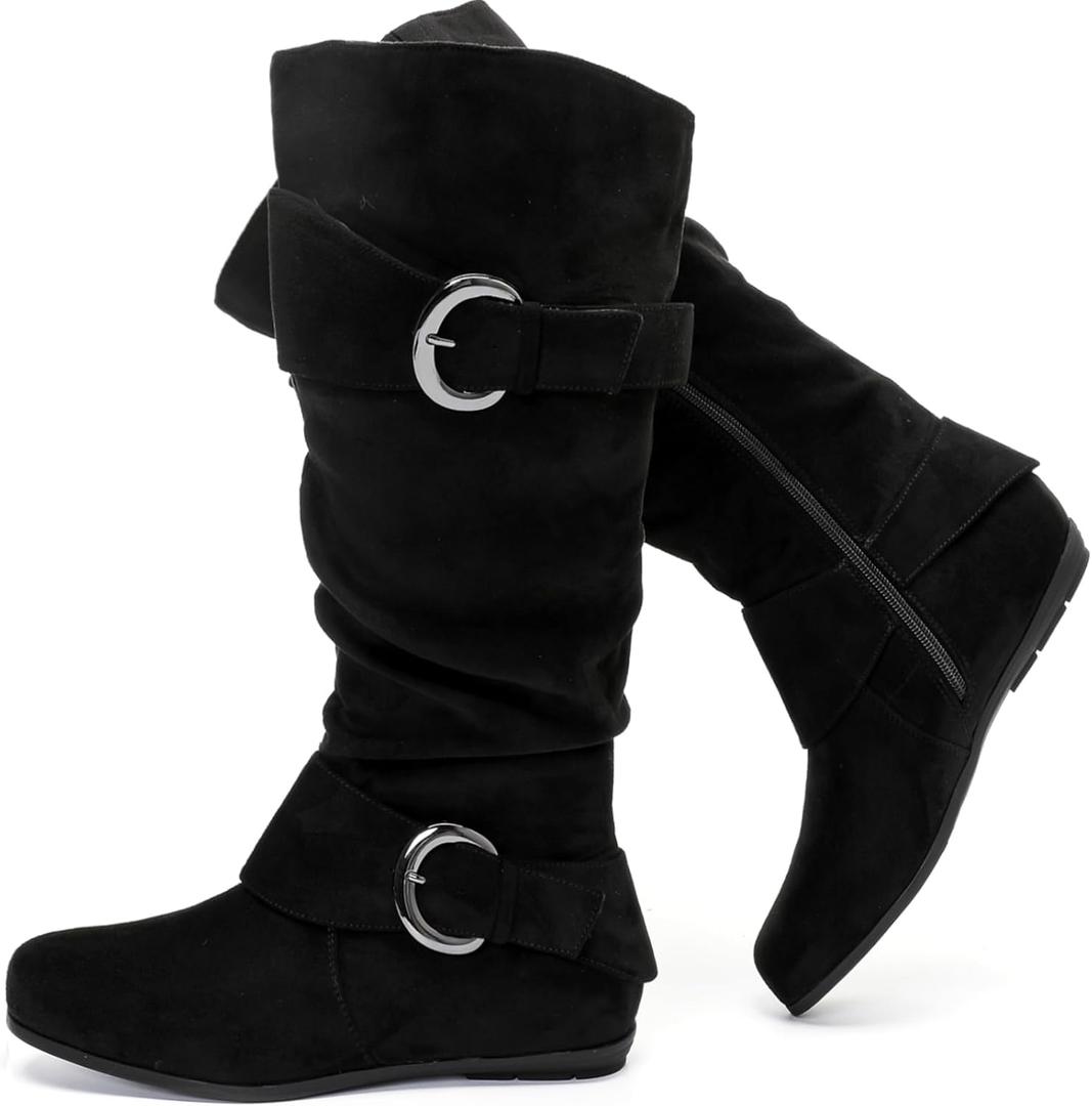 Luoika Women's Extra Wide Calf Knee High Slouchy Boots, Wide Width Tall Boots with Flat Heel Side Zipper. (10.5 Wide, Blackmf 907)