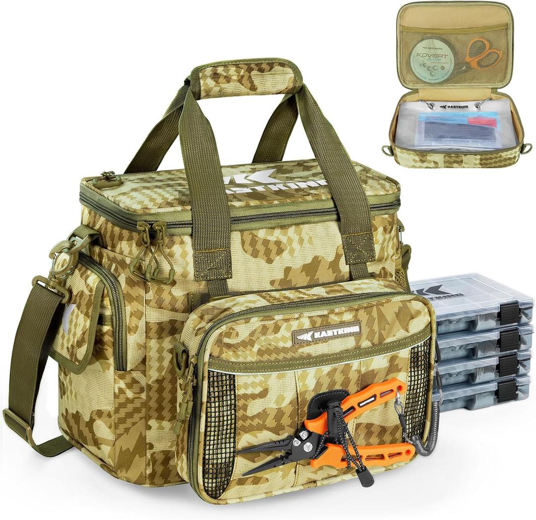 KastKing BaitSpace Fishing Tackle Bag With 4 Tackle Boxes & Removable Bait Binder, Water-Resistant Tackle Storage, Durable Fishing Gear, Adjustable Shoulder Strap (Medium - 4*3600 Trays, B: Khaki Camo)