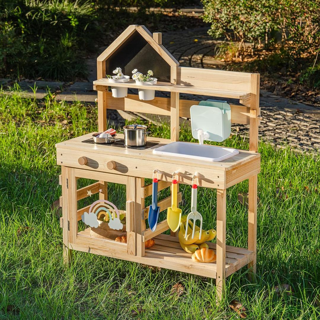 ROBOTIME Outdoor Mud Kitchen for Kids  Wooden Play Kitchen with Accessories, Faucet & Water Tank, 3 Garden Toy Tools & Chalkboard, Kids Kitchen Playset Pretend Play Set, Gift for Ages 3+