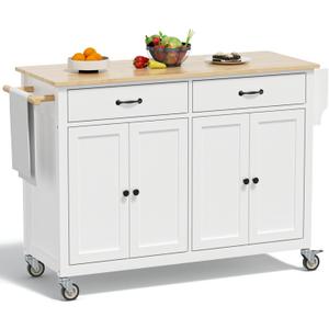 Rovibek Kitchen Island on Wheels Large in Rolling Island Wood Mobile Portable Kitchen Islands White with Drawers Cabinet Spice Rack Towel Rack Storage Pure White