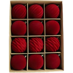 12 pcs 2.36inch Velvet Christmas Ornaments for Xmas Tree,Velvet Ornaments for Christmas Tree,3 Style,Shatterproof Decorative Hanging Ornaments Set for Xmas Tree Holiday Wedding Party Decor (Red)