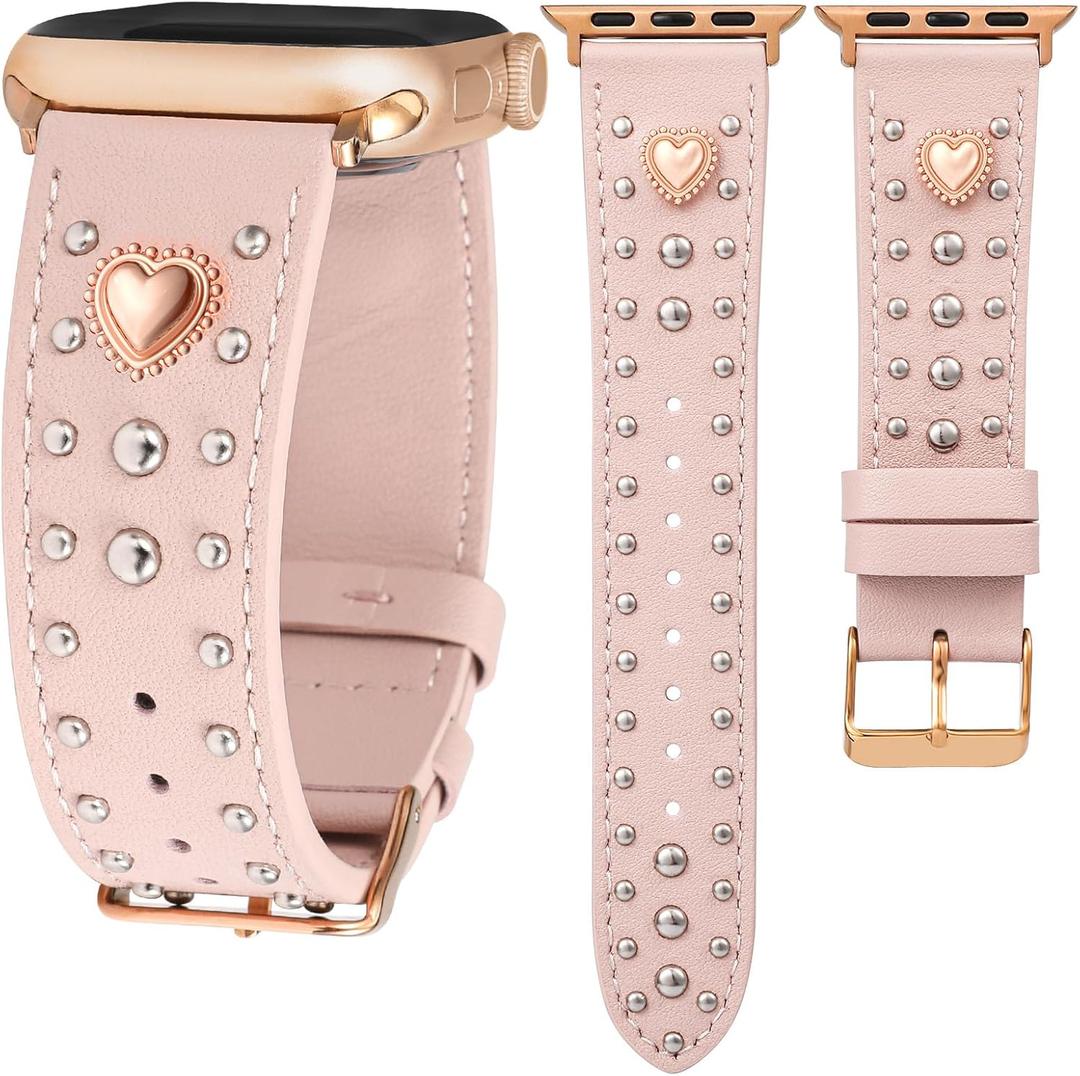 Wearlizer Leather Band Compatible with Apple Watch Bands Women 42/46/38/40/41/44/45/49mm, Dressy Fancy Designer Pretty Heart Charms Studded Strap for iWatch Series 11 10 9 8 7 6 5 4 SE/Ultra 3 2 1 (Pink/Rose Gold Buckle)